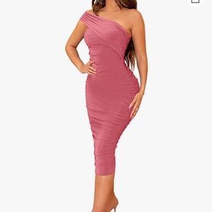 One shoulder Ruched Bodycon midi dress